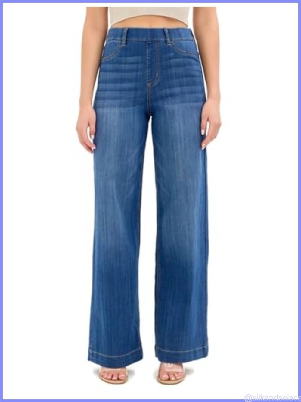 High Rise Pull On Wide Leg Jeggings Ultra Stretch Faded Whisker Casual Denim